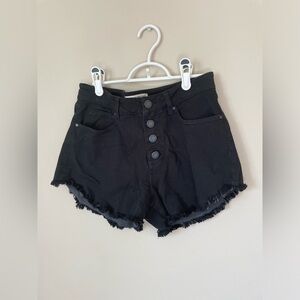 Brody high waisted Black stretchy denim distressed Jean Shorts with buttons. 29